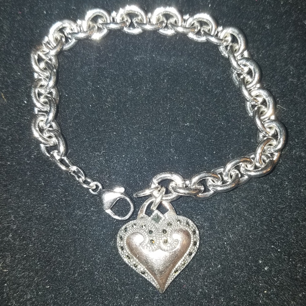 Sterling silver and marcasite heart charm bracelet